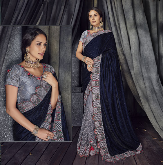 Grey-Blue-net-saree