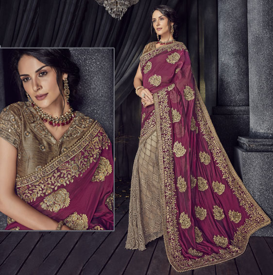 maroon-beige-net-saree