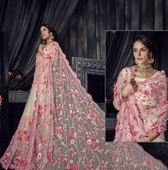 Pink-rose-embroidery-net-saree